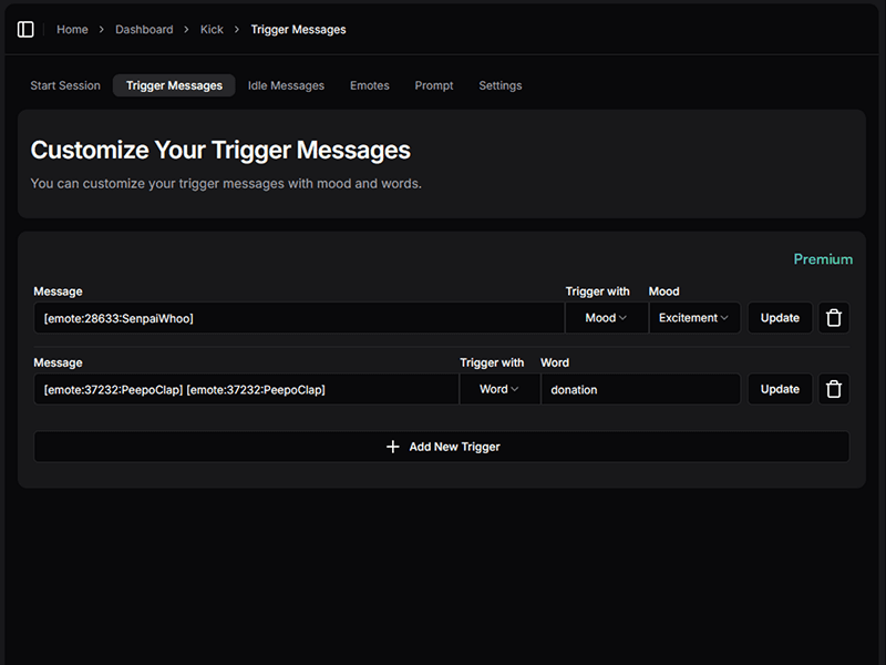 Algochat.io kick AI chatbots - Customizable trigger messages